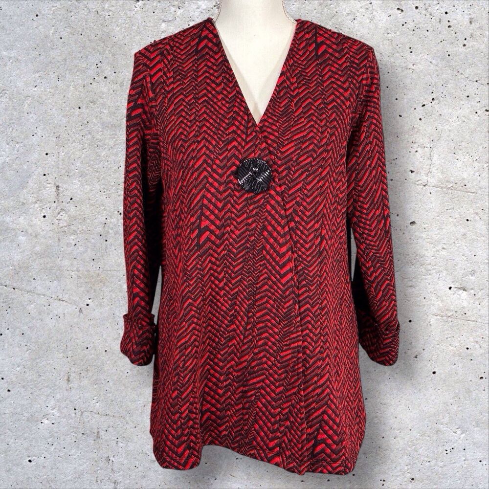 Ali Miles Womens Cardigan Red Black Chevron Knit Jacket One Button Small